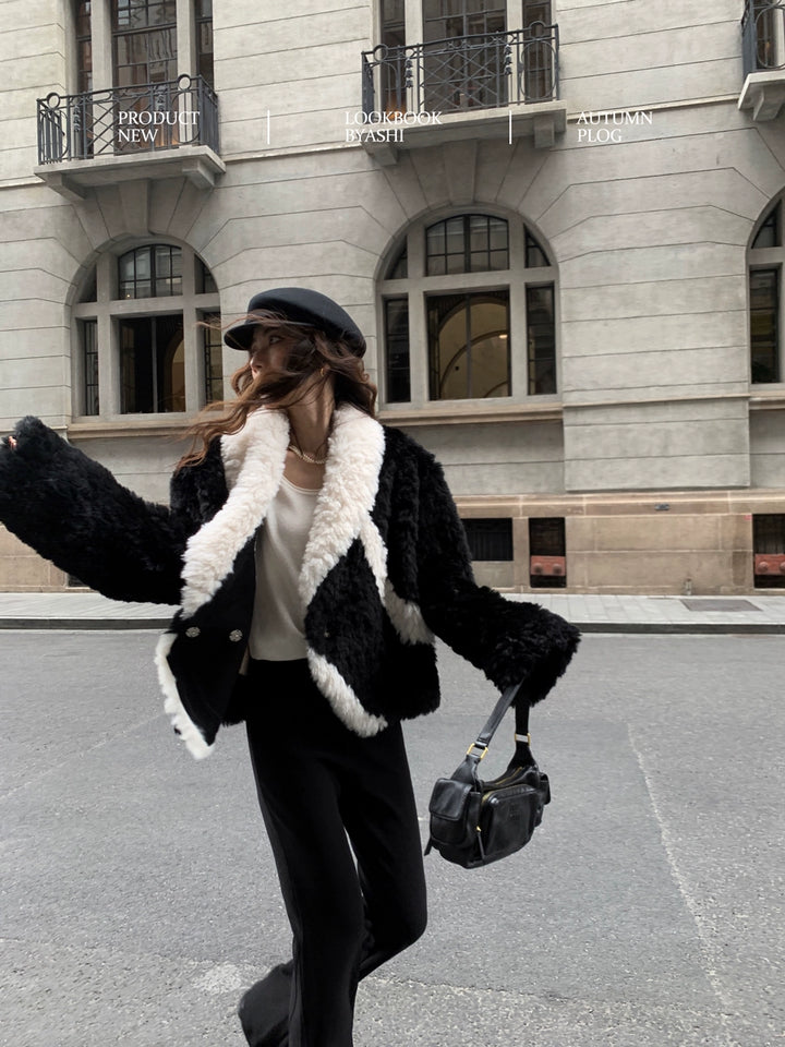 V-Neck Contrast Faux Fur Winter Coat