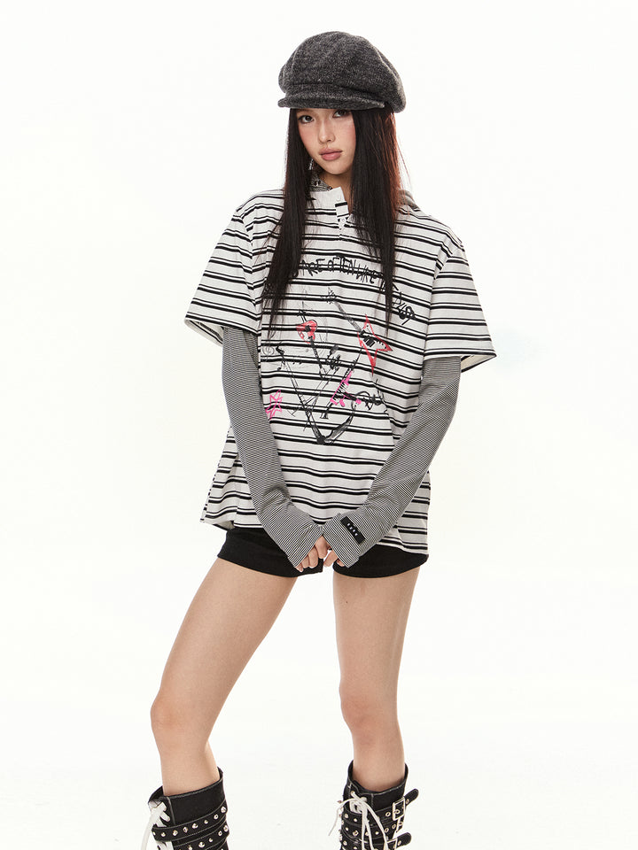 Striped Retro Graphic Loose Turtleneck Top