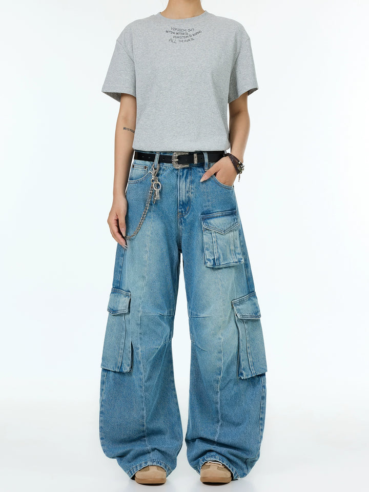 Loose Wide-Leg Multi-Pocket Jeans