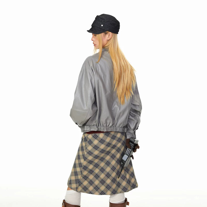 Embroidered Zipper Collar Leather Jacket