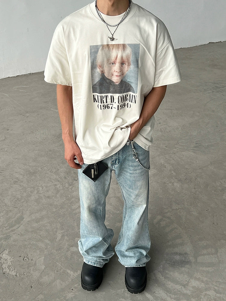 Camiseta de Manga Curta Solta com Estampa de Retrato 