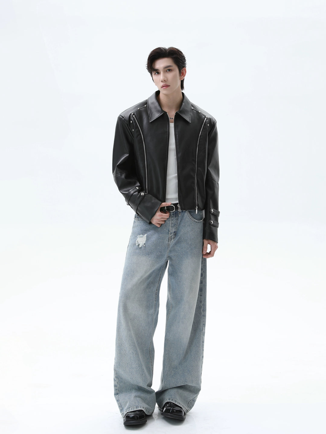 Veste de moto en cuir avec design de rivets 