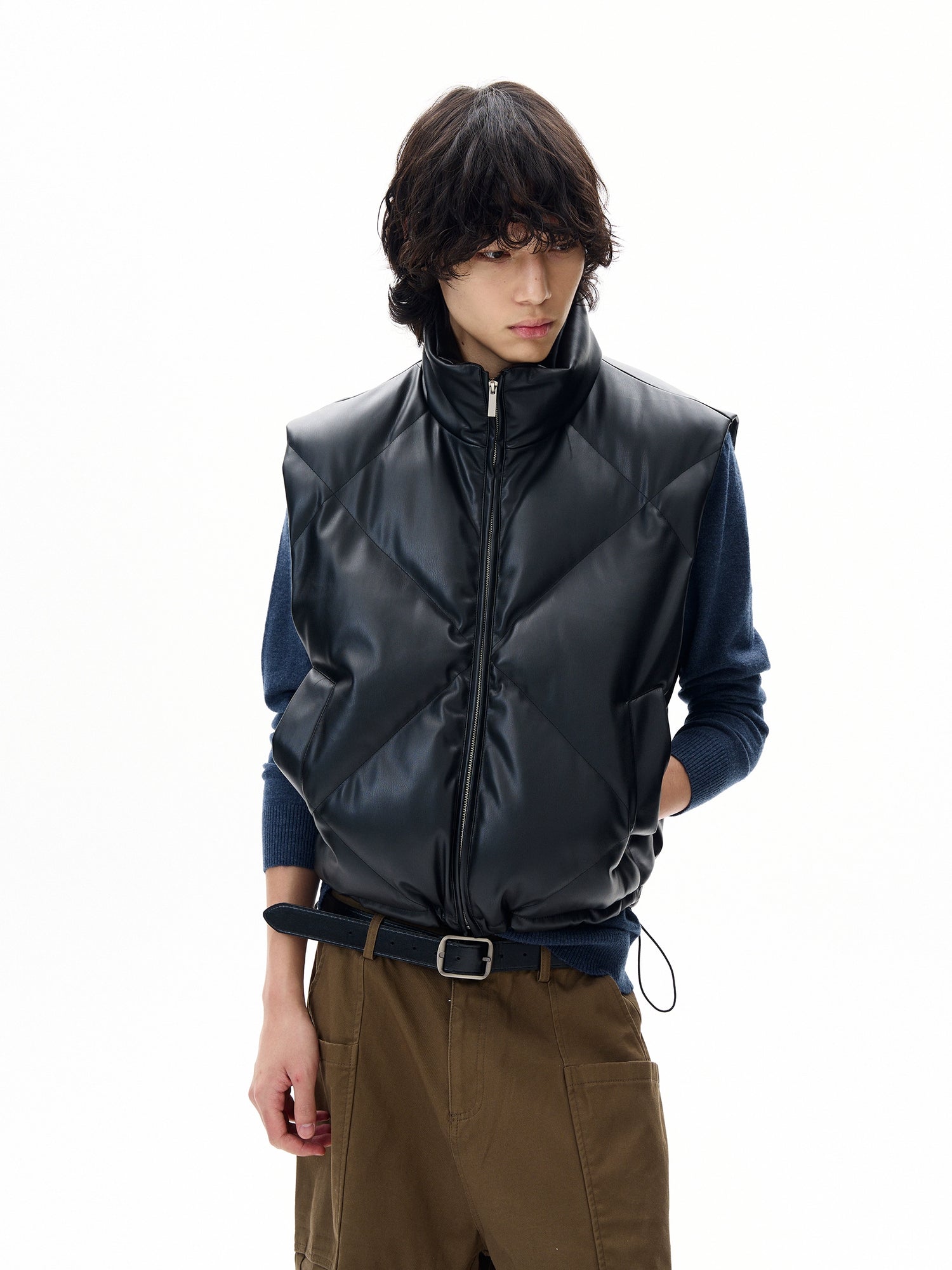 PU Deri Kolsuz Fermuarlı Yelek 