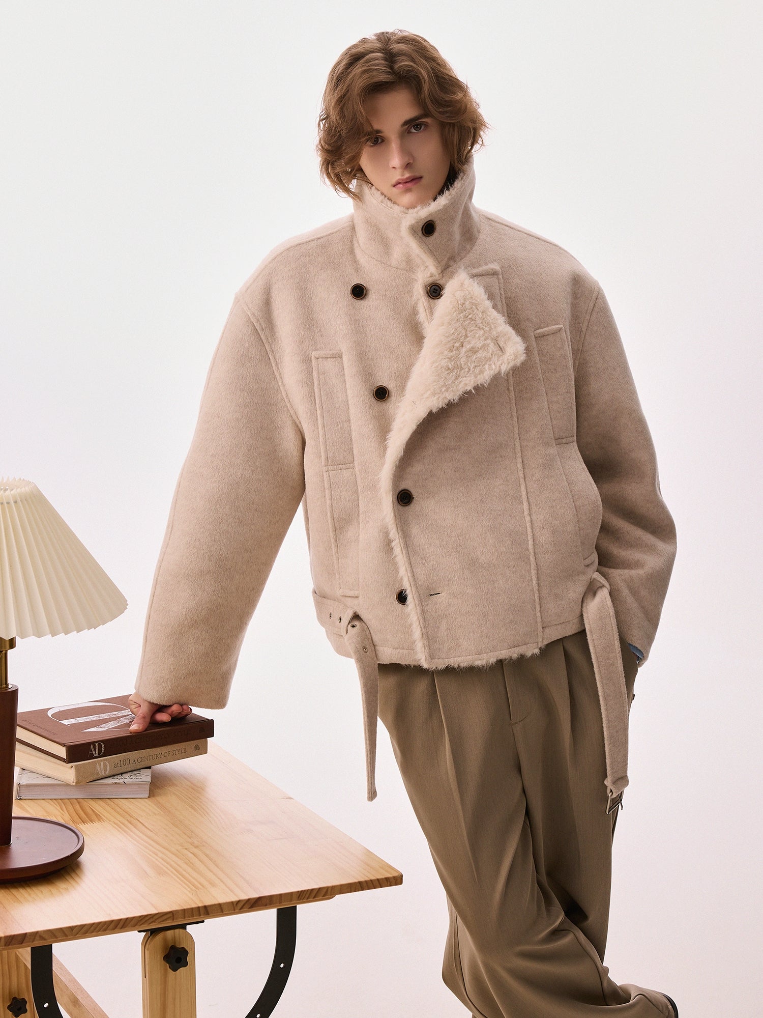 Wool Blend Double-Breasted Shearling Coat