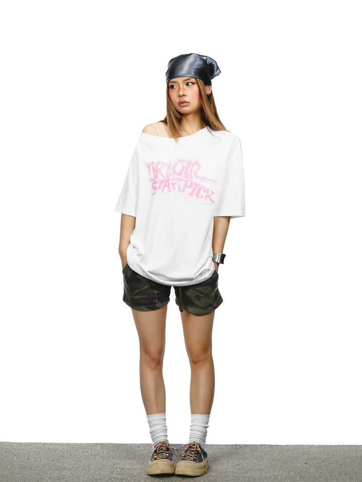T-shirt loose à imprimé lettre et épaule décalée 