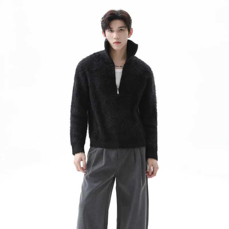 Stand Collar Half-Zip Fleece Knit Sweater