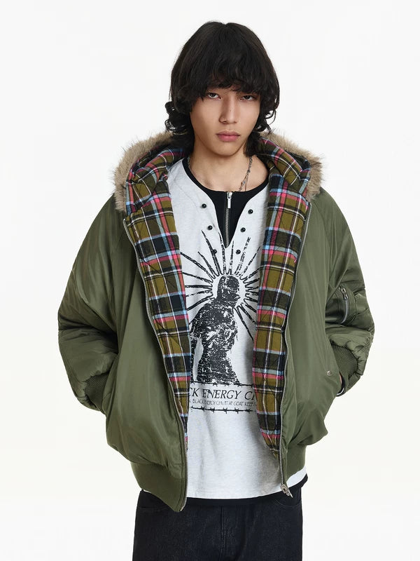 Plaid Lined Fur Hood Puffer Bomber Jacket