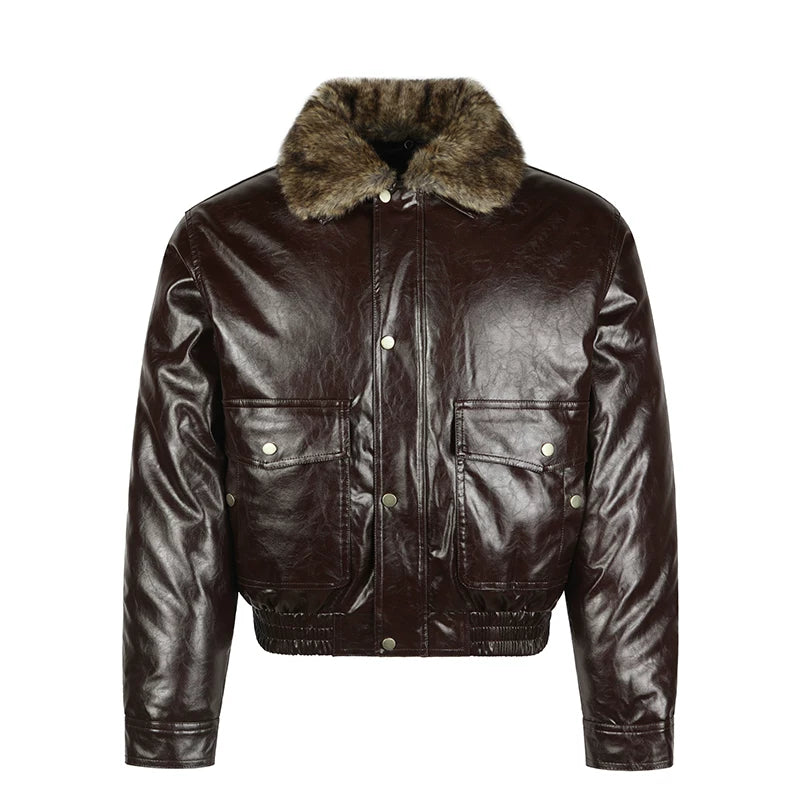 Retro faux fur krage PU läderjacka 