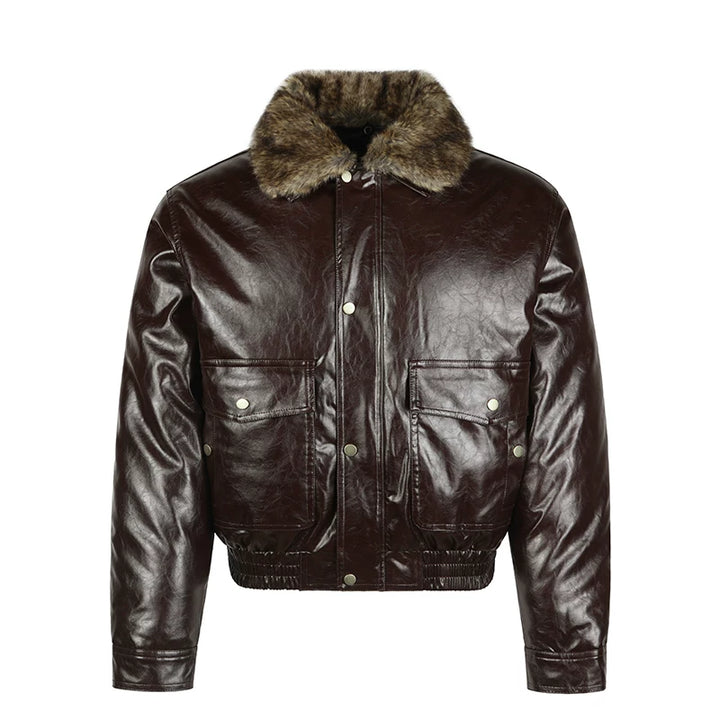 Retro faux fur krage PU läderjacka 