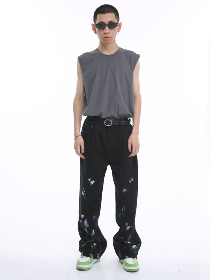 Pantalones de mezclilla de pierna ancha salpicados de tinta 