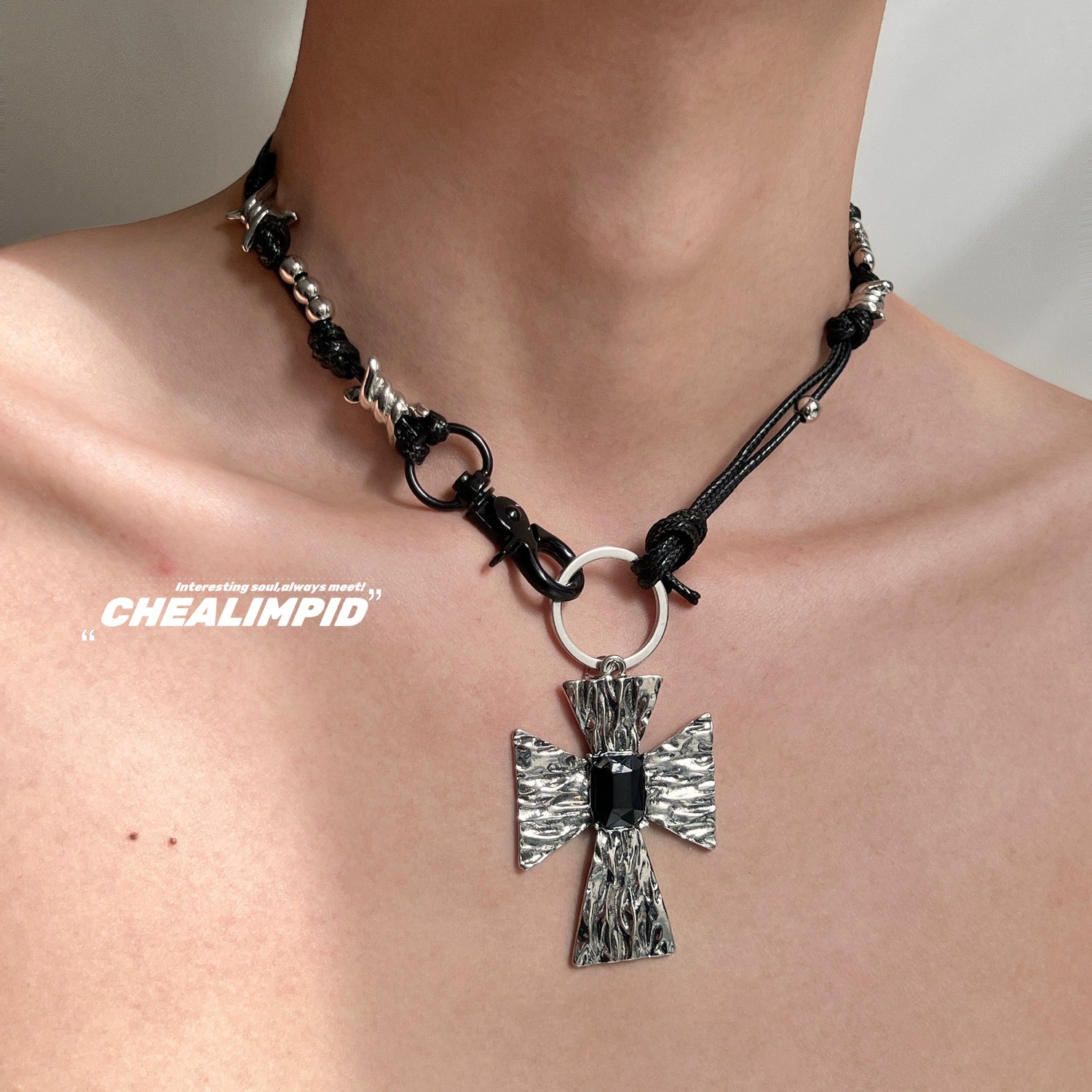 Cross Pendant Gemstone Leather Rope Necklace