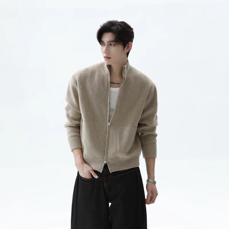 Double Zipper Stand Collar Wool Cardigan