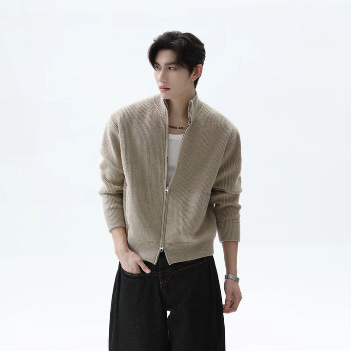 Double Zipper Stand Collar Wool Cardigan
