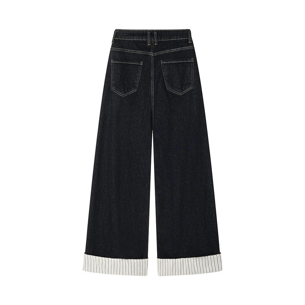 Yüksek Bel Geniş Paça Çizgili Manşetli Kot Pantolon 