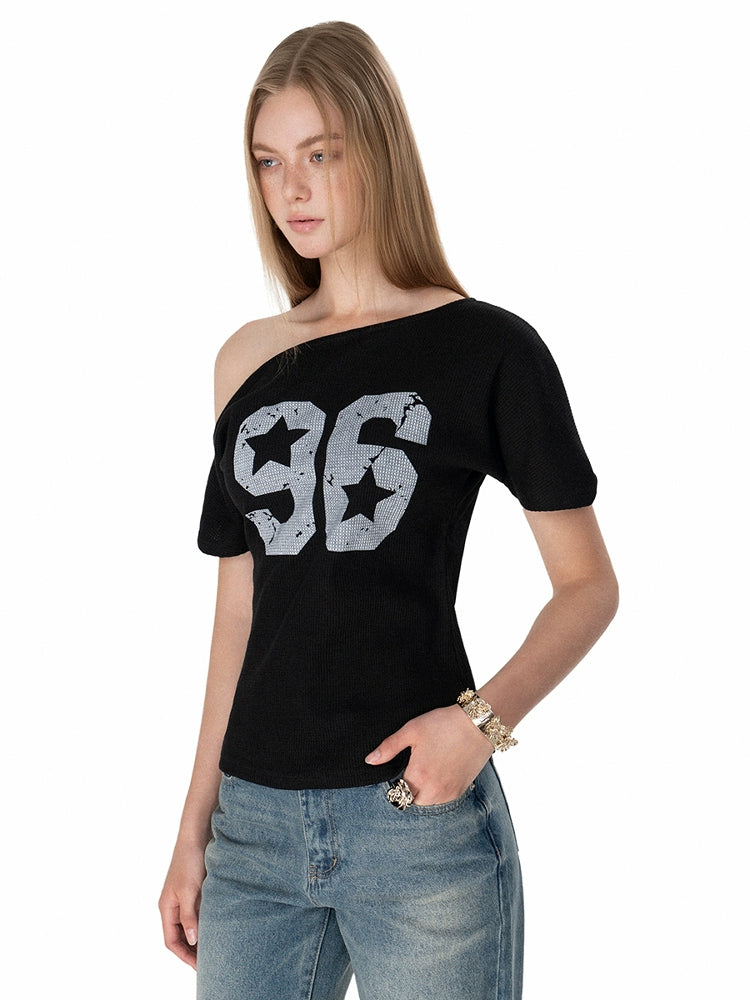 Oblique Shoulder Jersey Style Waffle Top