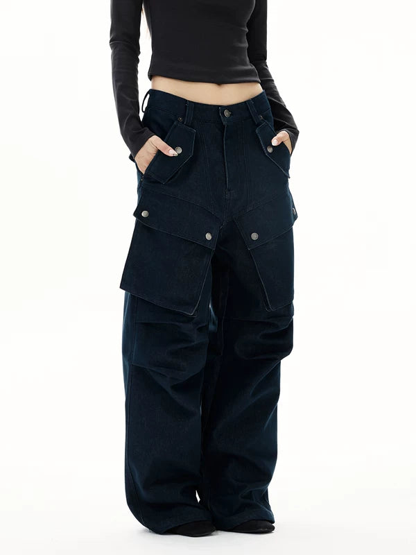 와이드 레그 데님 카고 팬츠 