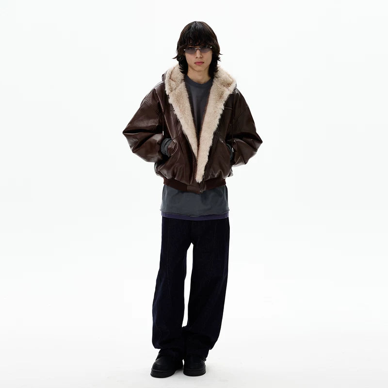 Nepbont Kraag Retro Leren Jas 