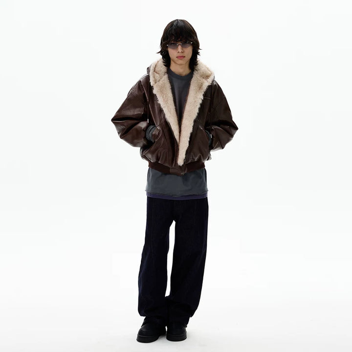 Nepbont Kraag Retro Leren Jas 