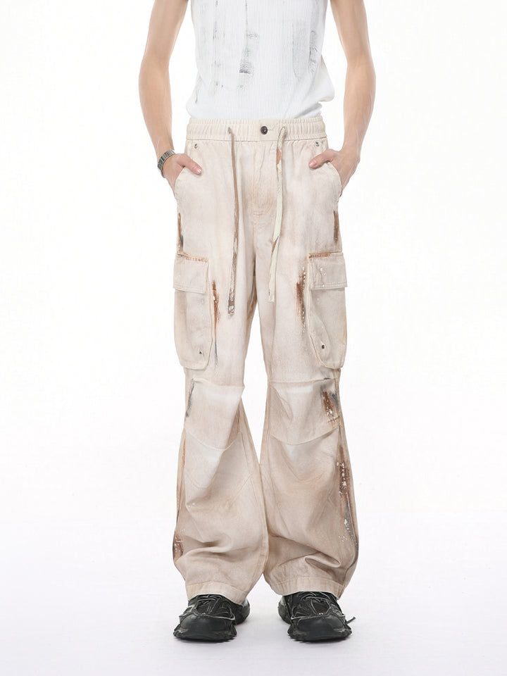 Pantalones de trabajo con cintura elástica en estilo retro desgastado 