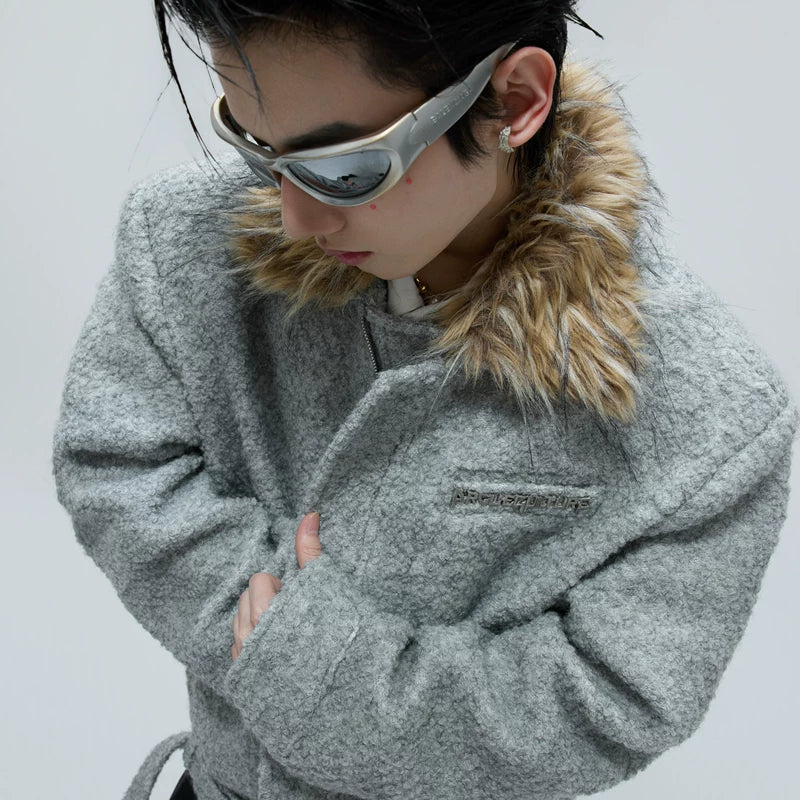 Detachable Fur Collar Textured Cotton Jacket