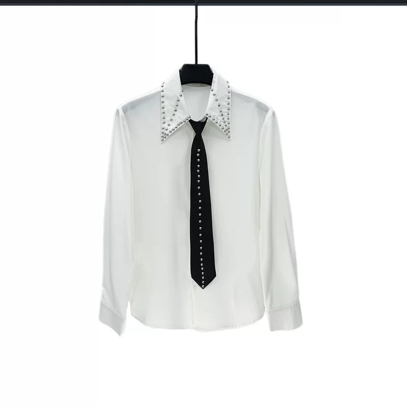 Studded Tie Accent Long Sleeve Shirt