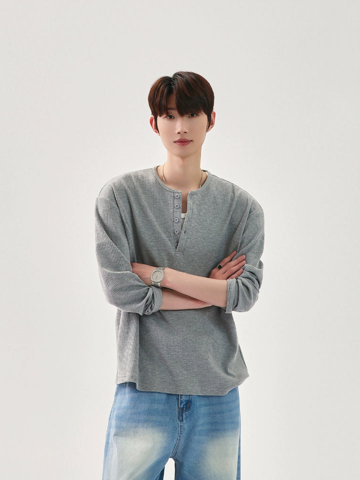 와플 니트 헨리 칼라 풀오버 