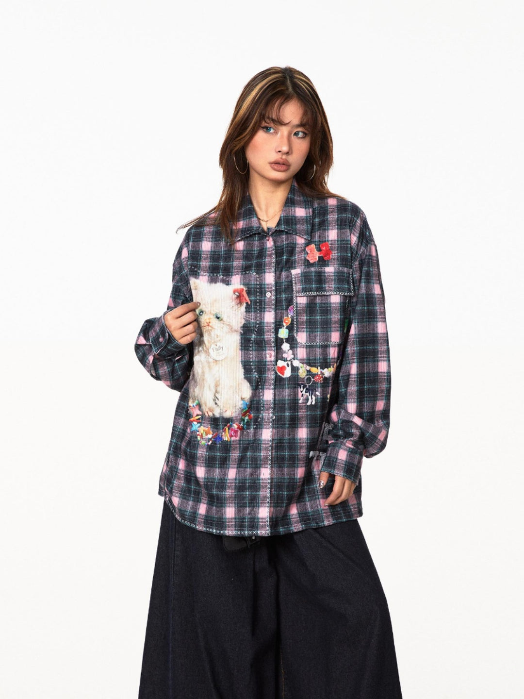 Plaid Cat Long Sleeve Casual Shirt