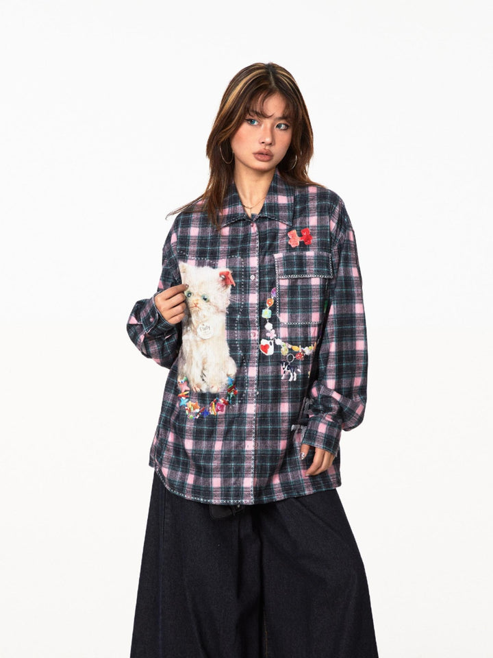 Plaid Cat Long Sleeve Casual Shirt
