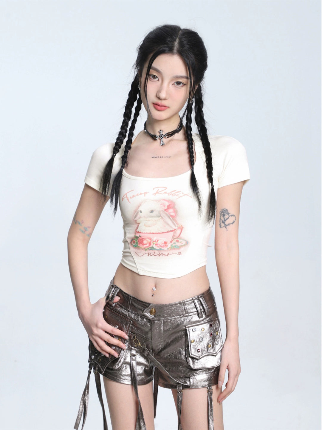 Rabbit Print Crop Short Sleeve Turtleneck