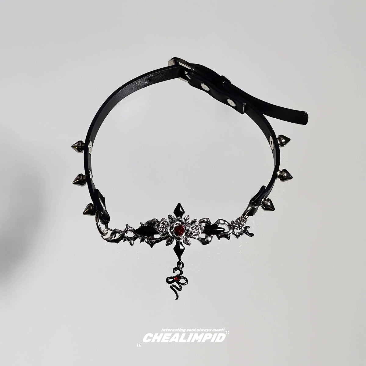 Spiked Rivet Ruby Snake Choker Necklace
