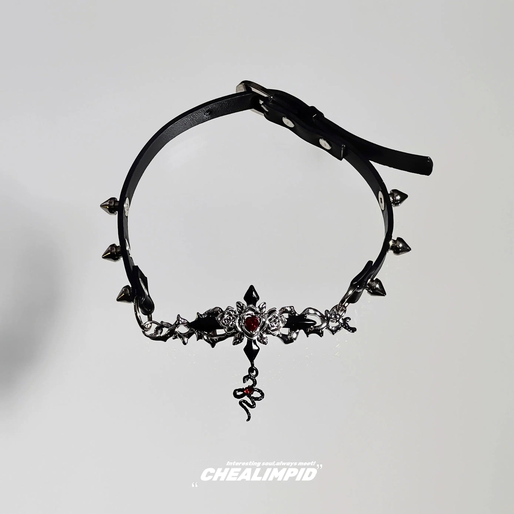 Spiked Rivet Ruby Snake Choker Necklace
