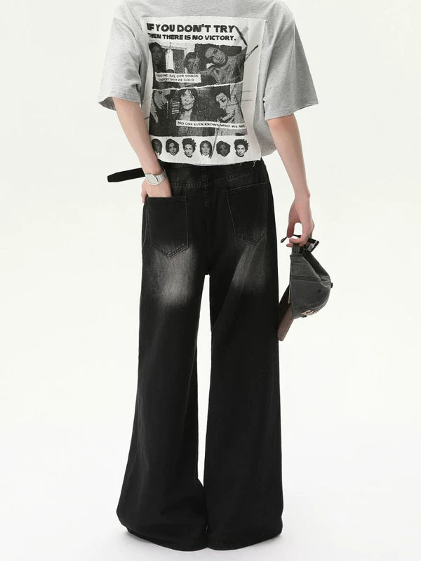 Washed Distressed Wide Leg Denim Pants