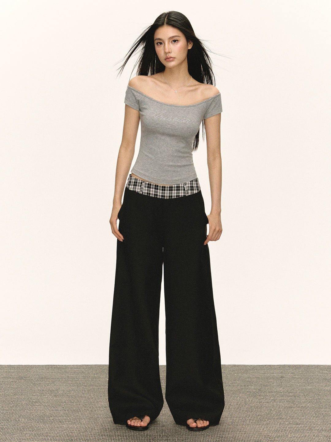 Retro Wide Leg Plaid Waist Pants