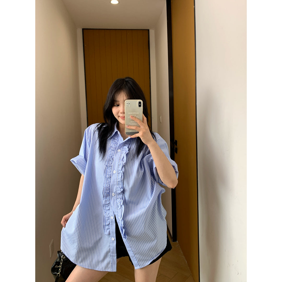 Vertical Striped Lace Short Sleeve Shirt