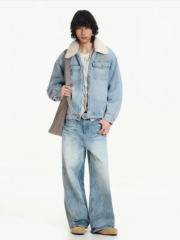 Fleece-fodrad lammullskrage denimjacka 