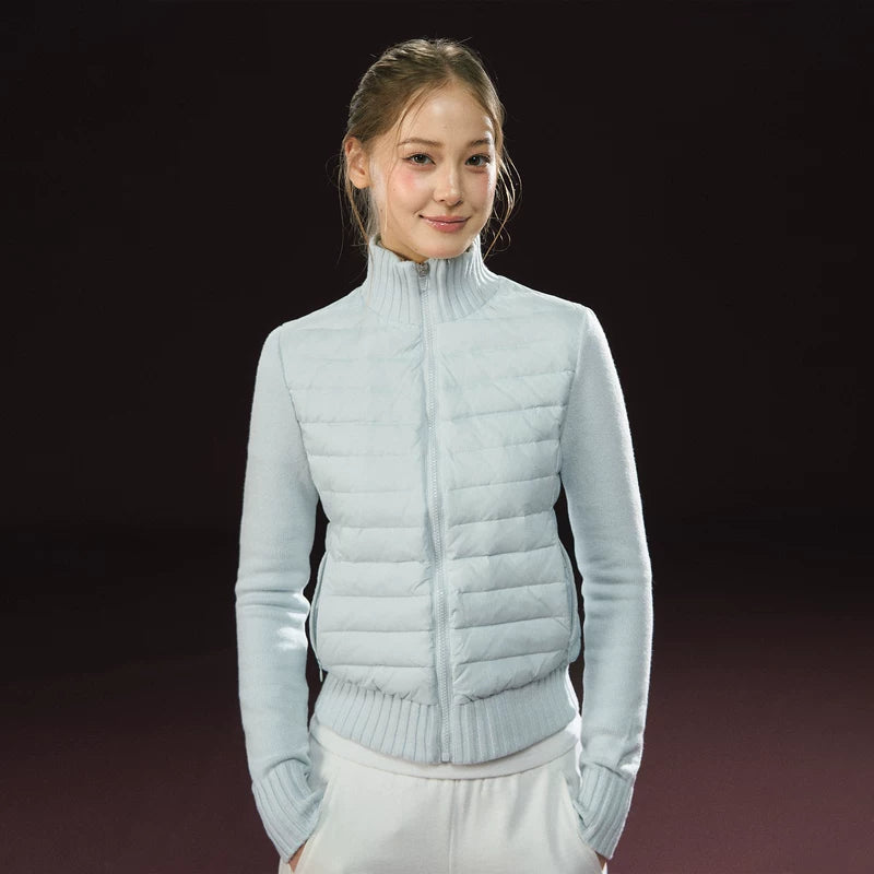 Lett strikket lappeteppe dunjakke 