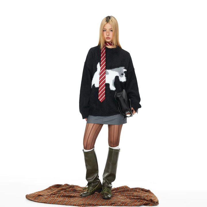 Puppy Print Loose Crew Neck Sweater