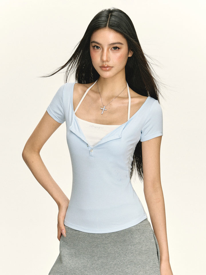 T-shirt à boutons à manches courtes rétro slim 