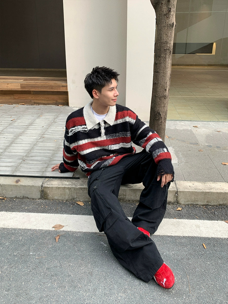 Striped Lapel Knit Pullover Sweater