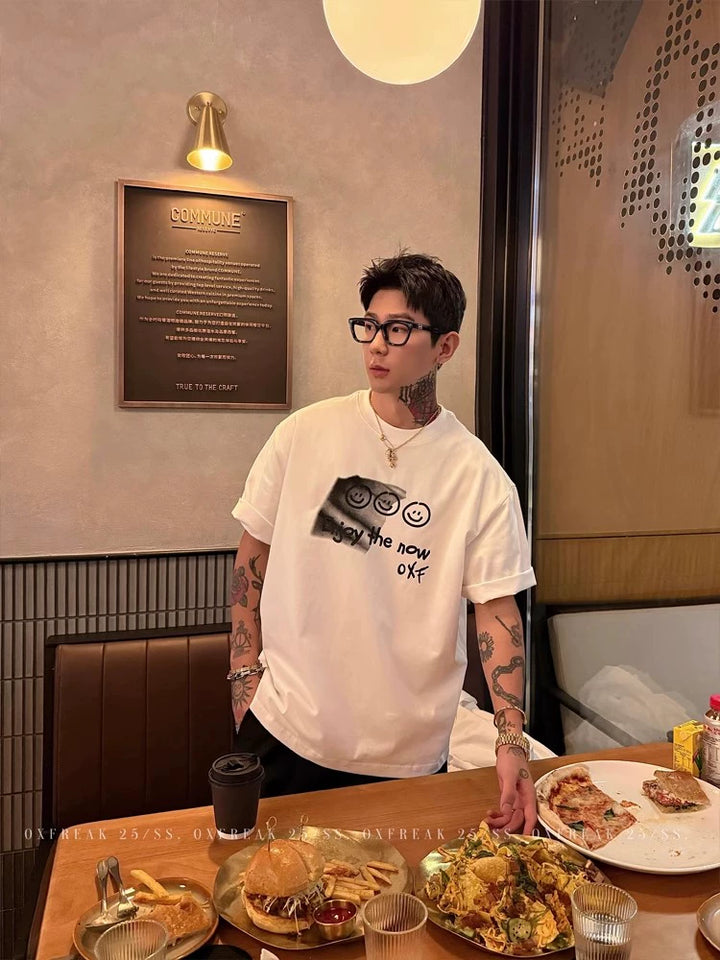 Håndmalet smiley ansigt bomulds T-shirt 
