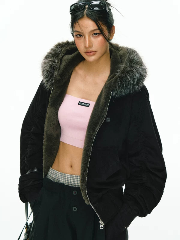 Giacca di cotone con cappuccio e colletto in pelliccia staccabile 