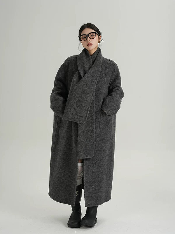 Long Wool Cape-Style Overcoat with scarf