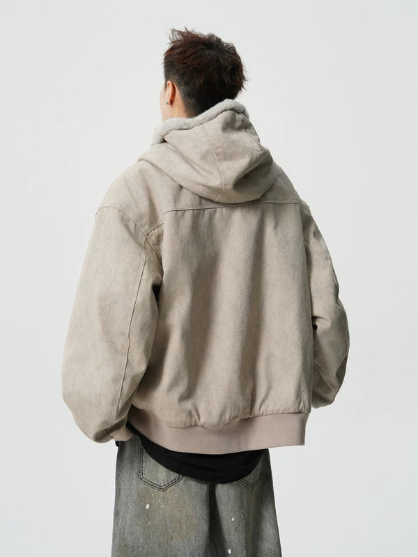 ז'קט כותנה חורפי עם כובע מרופד פליס 