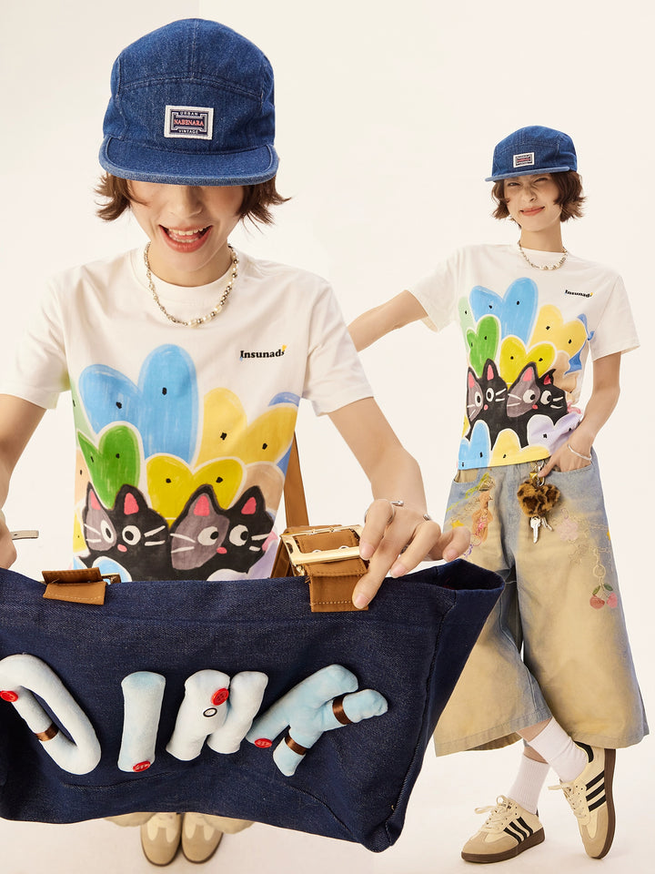 Hand-painted Cat Print Short Sleeve T-shirt