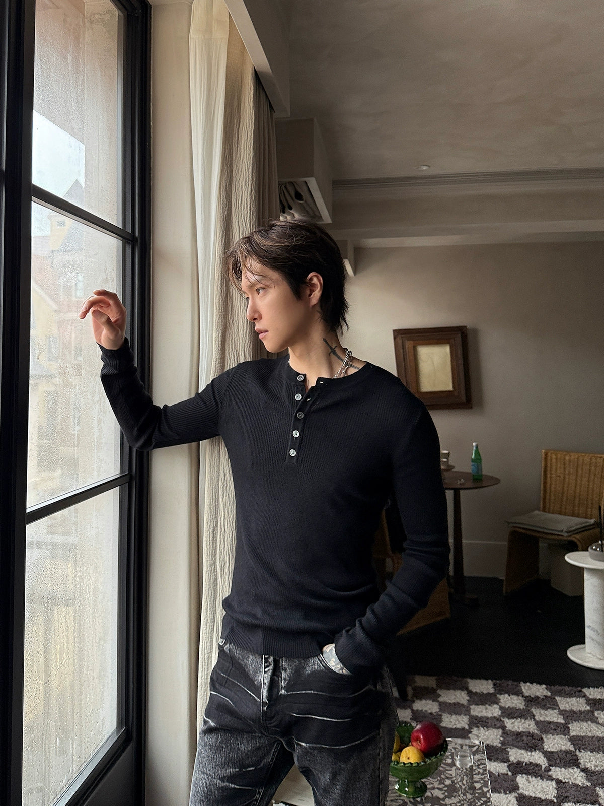 Henley Collar Slim Knitted Pullover