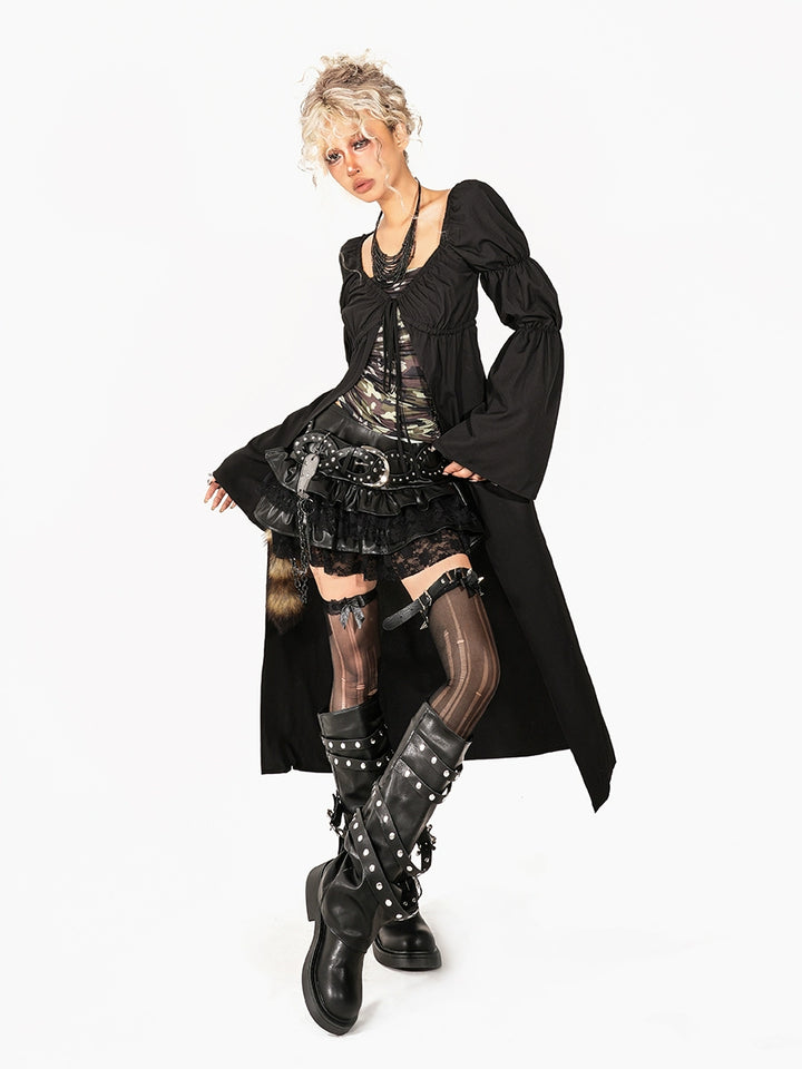 Pleated Faux Leather Lace A-line Skirt