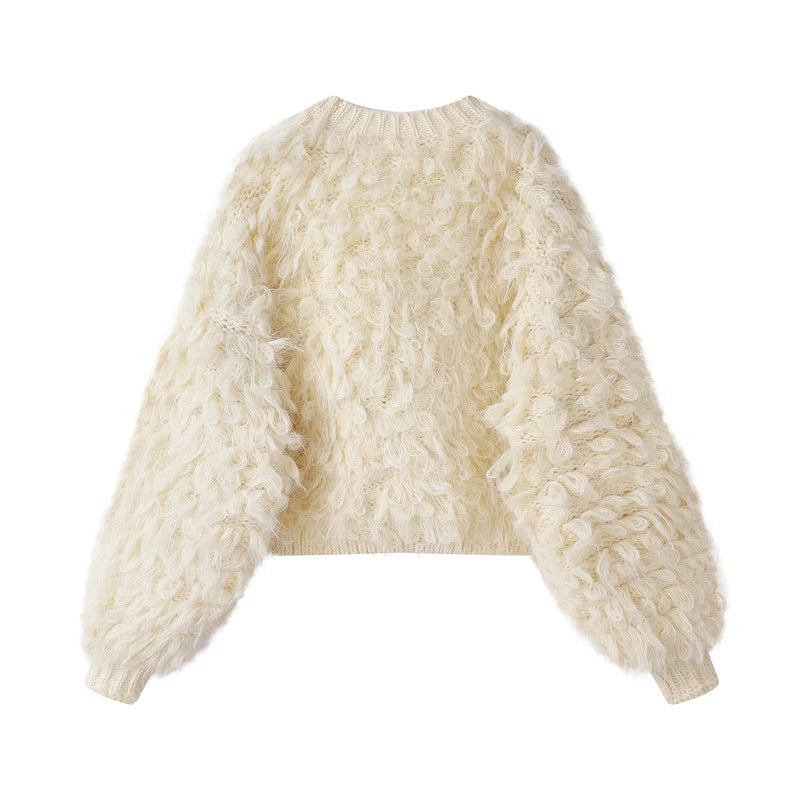 Boucle Fuzzy V-Neck Button Cardigan