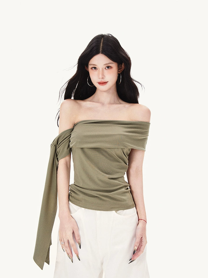 One-Shoulder Ribbon Knitted T-Shirt