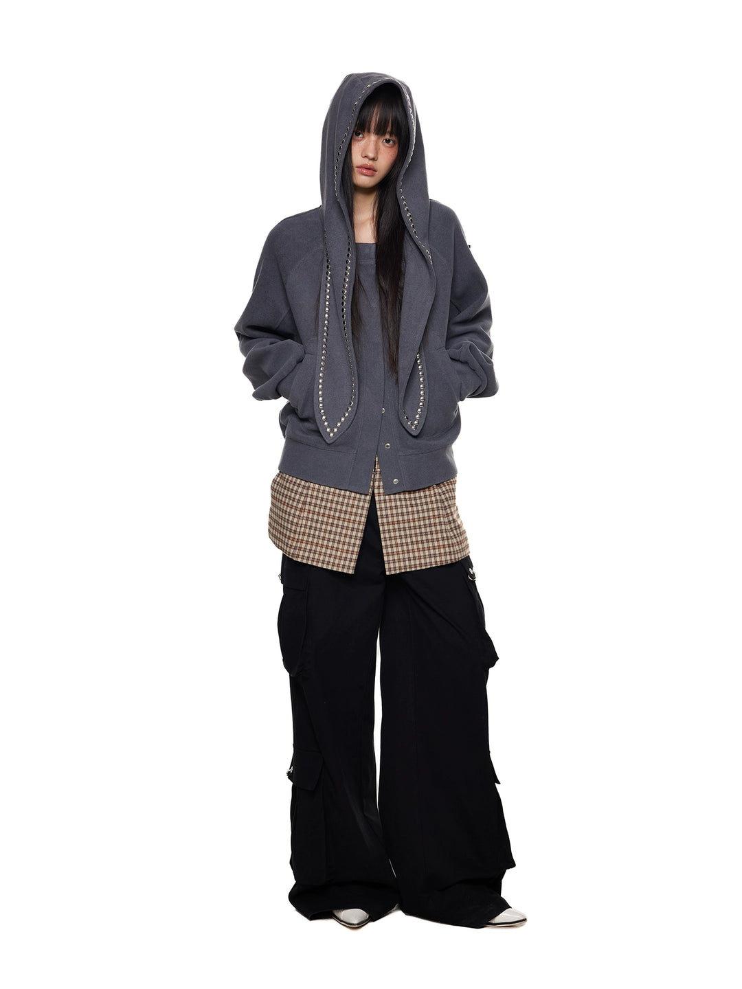 Rivet Hooded Rabbit Ear Sweatshirt Cardigan