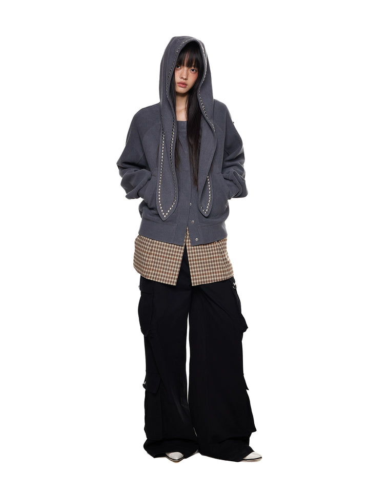 Rivet Hooded Rabbit Ear Sweatshirt Cardigan